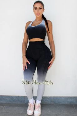 Sole Mio (set) HMS Fit: Black Gray Gradient Padded Racerback Butt Lifting Leggings Two Piece Set