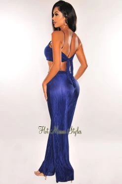 MEEK Just In Deep Blue Ribbed Palazzo Pants Two Piece Set