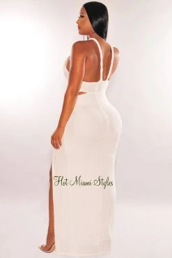 LUXXEL White Shimmery Twist Rope Cut Out Slit Maxi Dress