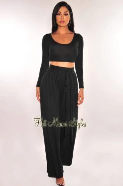 GOODTIME USA Black Round Neck Long Sleeve Palazzo Pant Two Piece Set