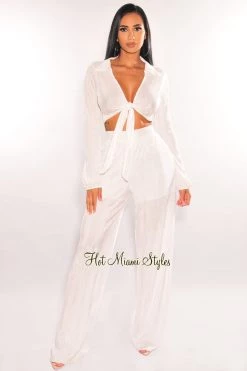 MEEK White Collared Long Sleeve Pleated Palazzo Pants Two Piece Set Just In
