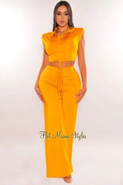 The Sang Clothing Just In Dijon Collared Button Up Palazzo Pant Two Piece Set