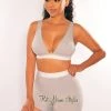 RIVIR OCULUS HMS Lounge: Light Gray White Ribbed Bralette Biker Shorts Two Piece Set Just In