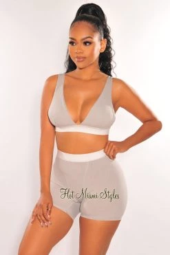 RIVIR OCULUS HMS Lounge: Light Gray White Ribbed Bralette Biker Shorts Two Piece Set Just In