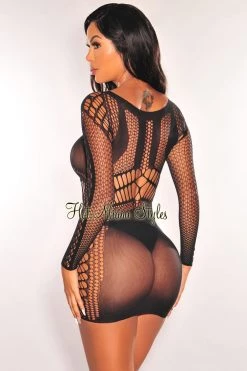 Yelete Group Black Cut Out Long Sleeve Chemise Mini Dress Lingerie