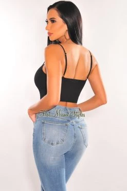 HERA COLLECTION Black Ribbed Spaghetti Straps Lace Up Crop Top Just In