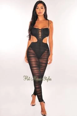 Hot & Delicious Just In Black Spaghetti Straps Lace Up Cut Out Mesh Ruched Jumpsuit