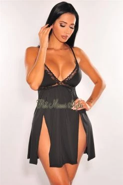 Vendor-unknown Just In Black Lace V Neck Babydoll Double Slit Thong Lingerie Two Piece Set