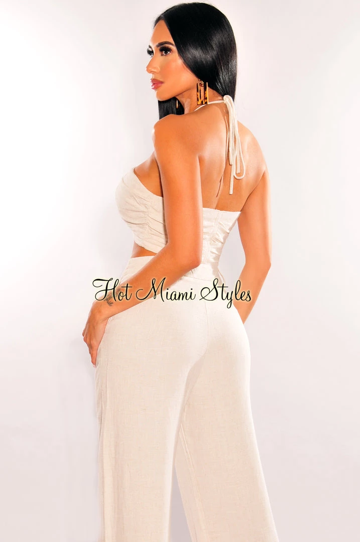 EDIT BY NINE... Taupe Halter Linen Drawstring Keyhole Crop Top