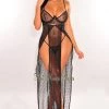 Vendor-unknown Black Sheer Lace Underwire Double Slit Maxi Thong Lingerie Two Piece Set