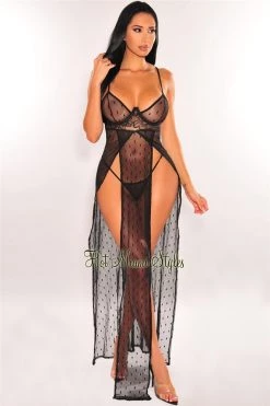 Vendor-unknown Black Sheer Lace Underwire Double Slit Maxi Thong Lingerie Two Piece Set