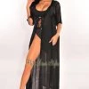 Vendor-unknown Just In Black Crochet Short Sleeve Tie Up Maxi Cover Up
