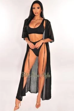 Vendor-unknown Just In Black Crochet Short Sleeve Tie Up Maxi Cover Up