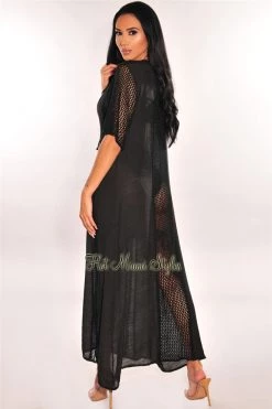 Vendor-unknown Just In Black Crochet Short Sleeve Tie Up Maxi Cover Up