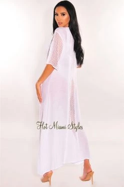 Vendor-unknown Just In White Crochet Short Sleeve Tie Up Maxi Cover Up