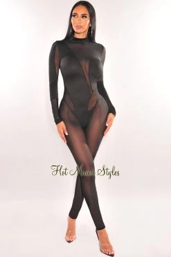 Queen Mania... Black Mock Neck Sheer Mesh Long Sleeve Jumpsuit