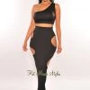 WIN WIN APPARIL Just In Black One Shoulder Cut Out Skirt Two Piece Set