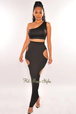 WIN WIN APPARIL Just In Black One Shoulder Cut Out Skirt Two Piece Set