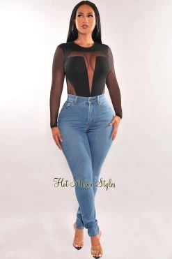 Privy Just In Black Mesh Round Neck Long Sleeve Bodysuit
