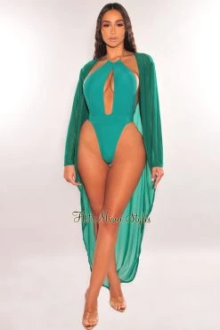 Hollywood & I Emerald Mesh Long Sleeve High Low Cut Cover Up
