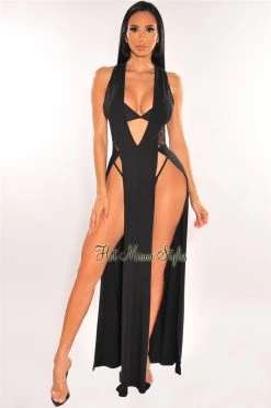 NIKIBIKI Black Crochet Double Slit Cover Up Maxi Dress Just In