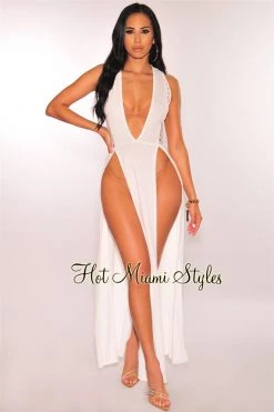 Vendor-unknown White Crochet Double Slit Cover Up Maxi Dress