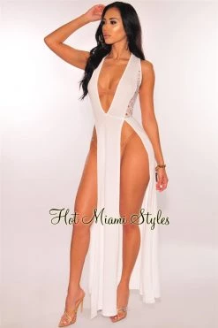 Vendor-unknown White Crochet Double Slit Cover Up Maxi Dress