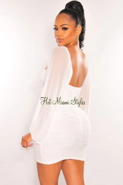 LUXXEL Just In White Mesh V Wire Long Sleeve Ruched Dress