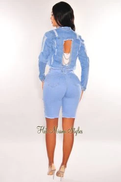 AMERICAN BAZI Just In Light Denim Collared Destroyed Silver Chain Long Sleeve Jacket