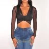 A3 DESIGN Black Mesh Collared Knotted Long Sleeve Crop Top Just In