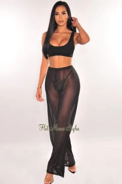 Votique Just In Black Mesh Drawstring Palazzo Cover Up Pants
