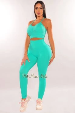 CHINA HMS Fit: Turquoise Racerback Butt Lifting Leggings Two Piece Set Just In