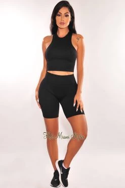 HYFVE Black Seamless Ribbed Biker Shorts Two Piece Set Just In