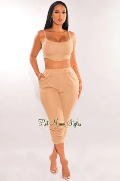 Privy HMS Lounge: Mocha Textured Tank Joggers Pants Two Piece Set
