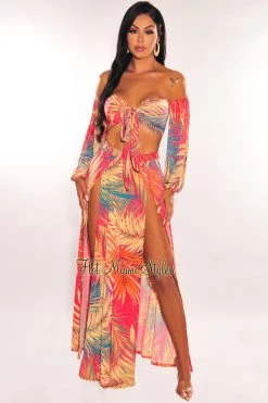 Goodtime USA Multi Color Palm Print Off Shoulder Double Slit Skirt Two Piece Set Just In