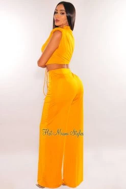 The Sang Clothing Just In Dijon Collared Button Up Palazzo Pant Two Piece Set