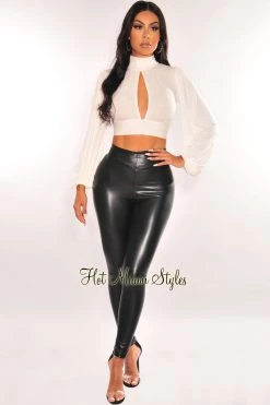 MEEK Just In White Mock Neck Keyhole Long Sleeve Tie Up Crop Top