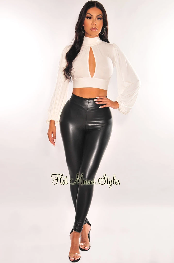 MEEK Just In White Mock Neck Keyhole Long Sleeve Tie Up Crop Top