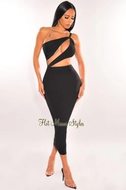 Uptown Apparel Black One Shoulder Cut Out Ruched Dress