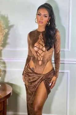 AVI BOUTIQUE Latte Suede Lace Up Long Sleeve Bodysuit Slit Skirt Two Piece Set