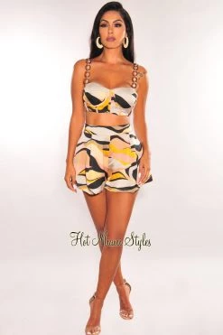 LUXXEL Multicolor Swirls Padded Boned Bustier Shorts Two Piece Set