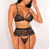 Vendor-unknown Just In Black Lace Strappy Thong Garter Belt Lingerie Three Piece Set