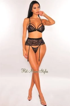 Vendor-unknown Just In Black Lace Strappy Thong Garter Belt Lingerie Three Piece Set