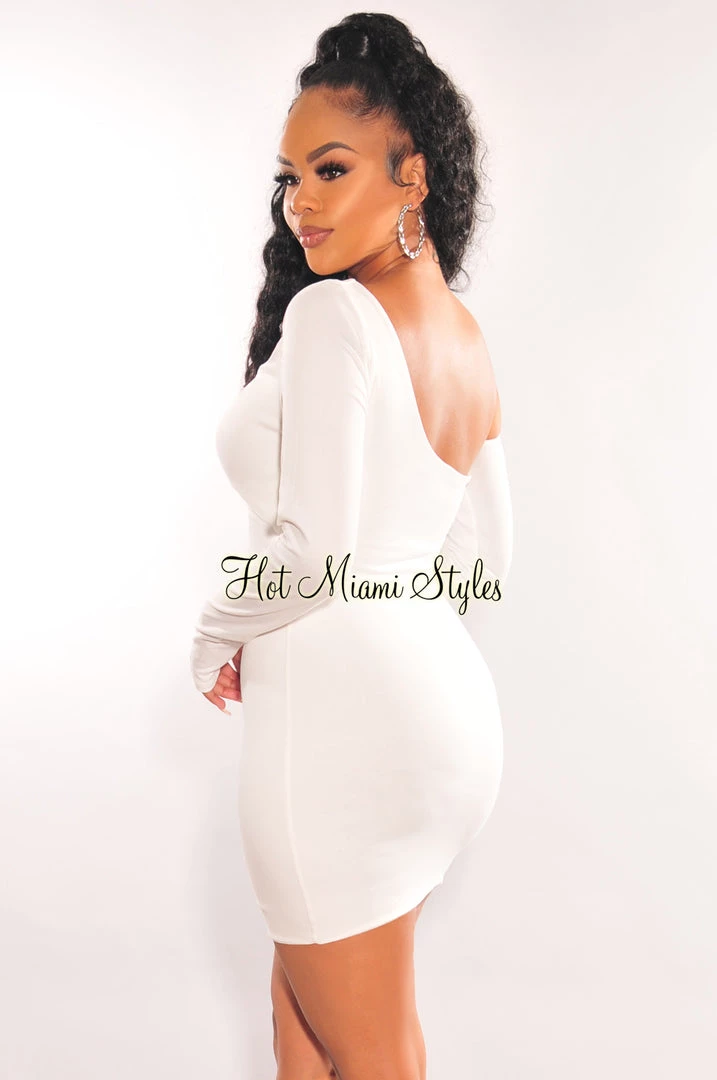 Dexire Just In White One Shoulder Long Sleeve Drawstring Cut Out Ruched Dress