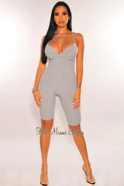 Vendor-unknown HMS Essential: Gray Ribbed Knit CrissCross Back Romper