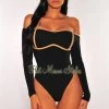 Glamazon Black Ribbed Knit Mocha Trim Off Shoulder Bodysuit