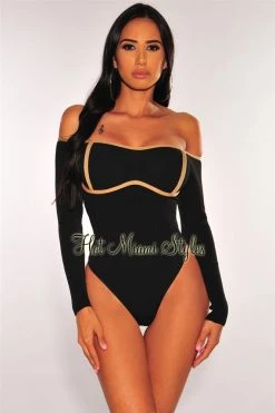Glamazon Black Ribbed Knit Mocha Trim Off Shoulder Bodysuit