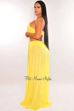 CHERRY MELLOW Yellow Halter Mesh O-Ring Cut Out Maxi Dress