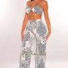 MEEK White Palm Print Bandeau O-Ring Palazzo Pants Two Piece Set