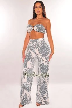 MEEK White Palm Print Bandeau O-Ring Palazzo Pants Two Piece Set